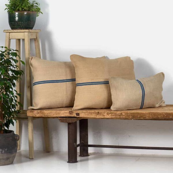 Cojín de lino antiguo de rayas azules y verdes