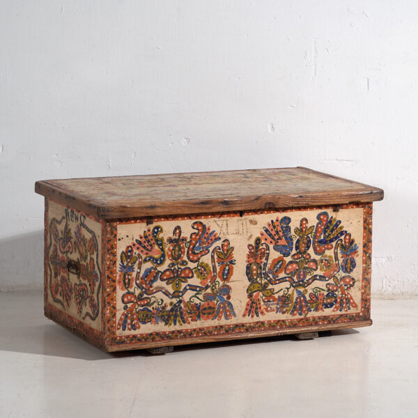Antiguo baúl pintado a mano de estilo folclórico (c.1880) #14